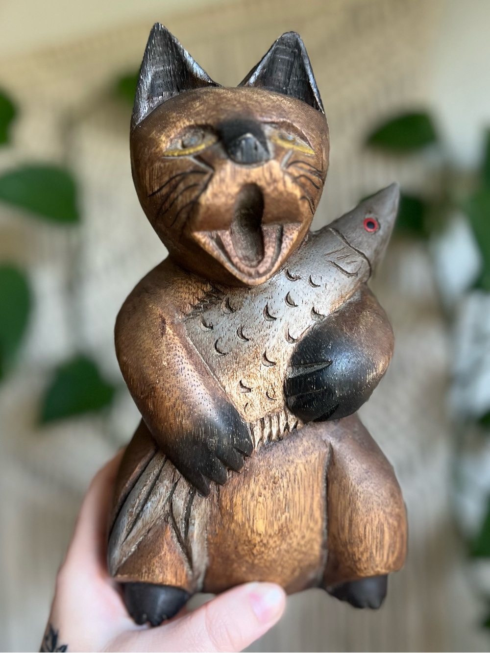 Vintage Hand Carved Wooden Cat Fish Figurine Folk Art Wood Sculpture Decor